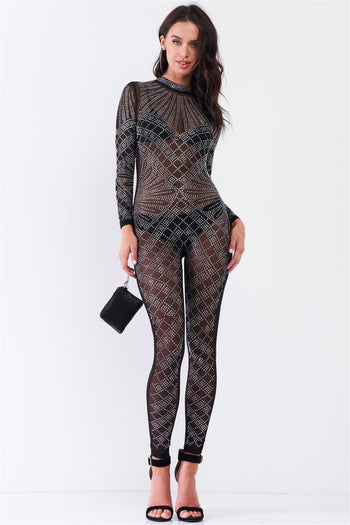 Sexy Rhinestone Mesh Long Sleeve Mock Neck Bodycon Jumpsuit - Deals Kiosk