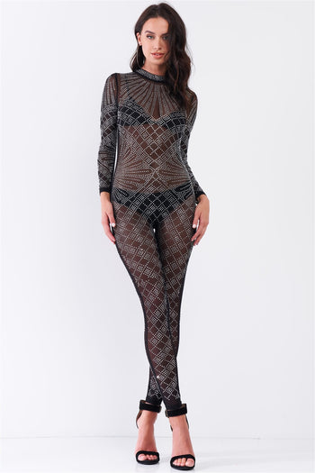 Sexy Rhinestone Mesh Long Sleeve Mock Neck Bodycon Jumpsuit - Deals Kiosk