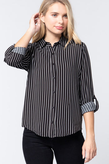 3/4 Roll Up Slv Stripe Print Shirt - Deals Kiosk