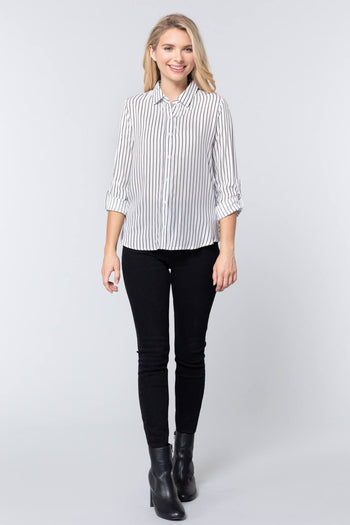 3/4 Roll Up Slv Stripe Print Shirt - Deals Kiosk