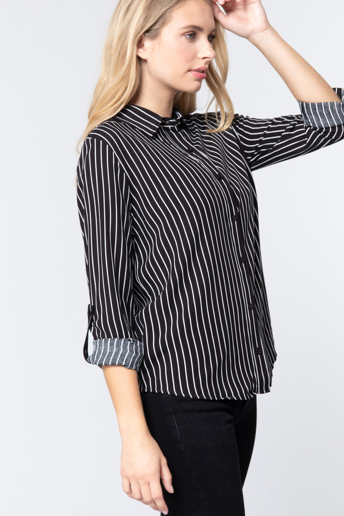 3/4 Roll Up Slv Stripe Print Shirt - Deals Kiosk