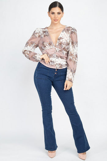 Floral V-neck Ruched Top - Deals Kiosk