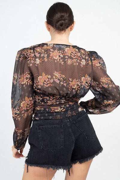 Floral V-neck Ruched Top - Deals Kiosk