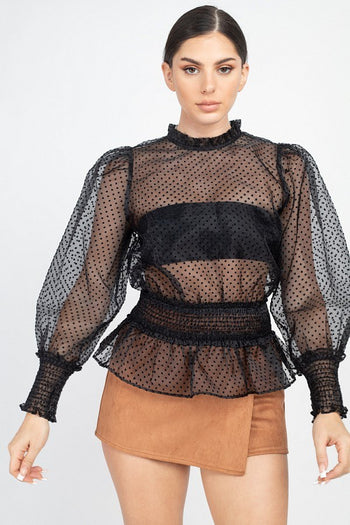 Ruffle Dot Print Smocking Top - Deals Kiosk