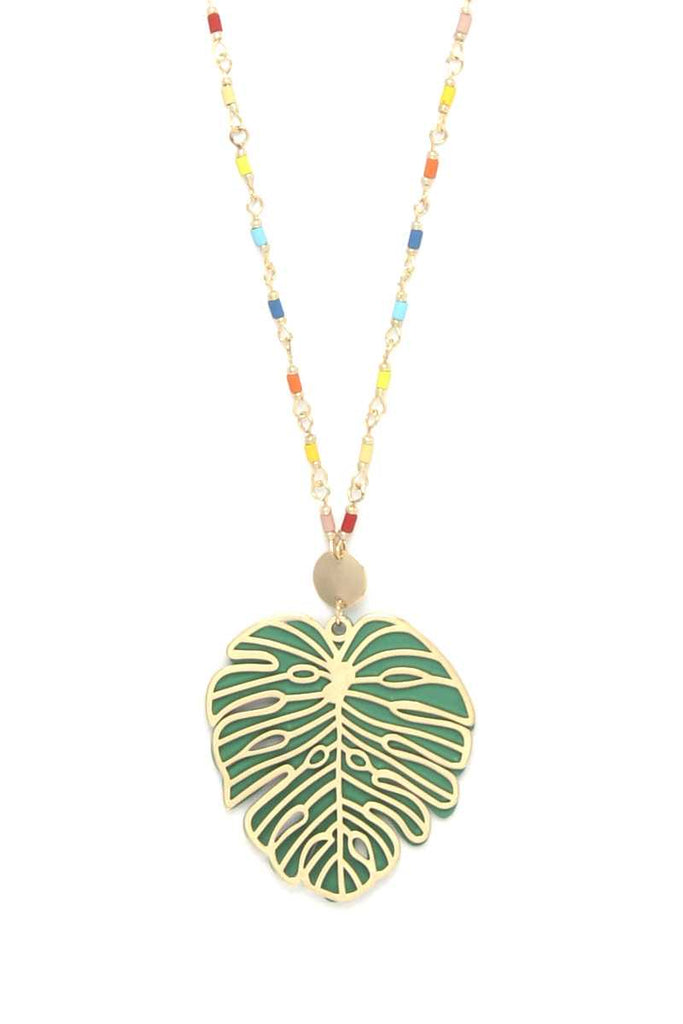 Tropical Leaf Pendant Beaded Long Necklace - Deals Kiosk