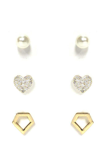 Pearl And Metal Stud Earring 3 Pair Set - Deals Kiosk