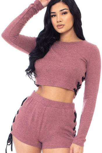 Color Contrast Lace Up Side Shorts Set - Deals Kiosk