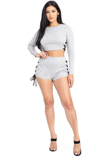 Color Contrast Lace Up Side Shorts Set - Deals Kiosk