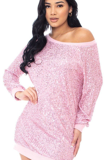 Sequin Wide Neck Boxy Mini Dress - Deals Kiosk