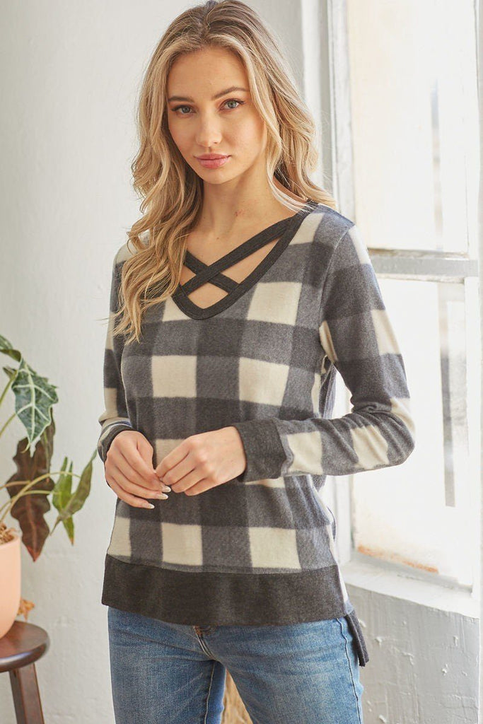 Plaid V Neck Long-sleeved Top - Deals Kiosk