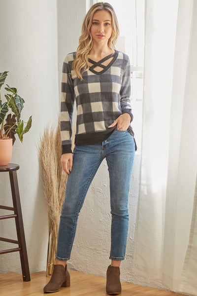 Plaid V Neck Long-sleeved Top - Deals Kiosk