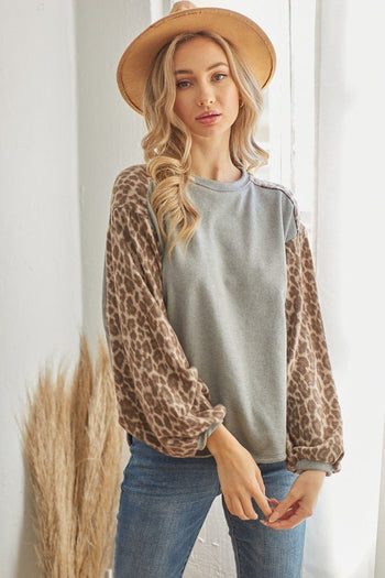 Leopard Solid Long Sleeve Top - Deals Kiosk