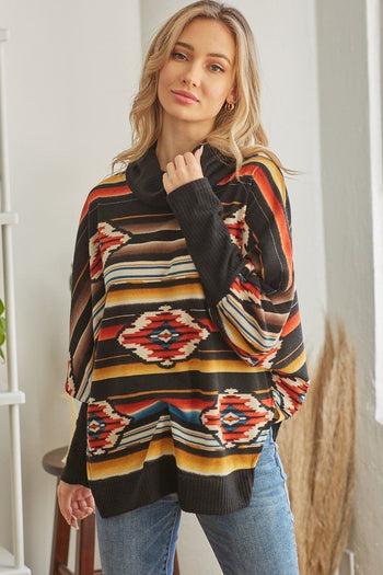 Tribal Patterned Mockneck Longsleeve Top - Deals Kiosk