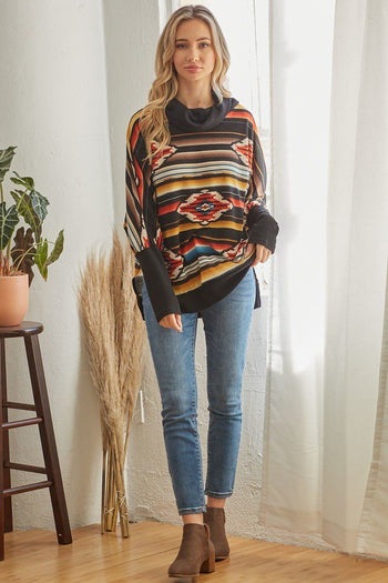 Tribal Patterned Mockneck Longsleeve Top - Deals Kiosk