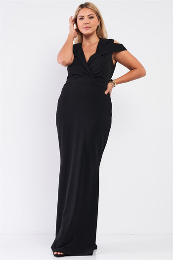 Plus Black Sleeveless Collared Plunging V-neck Maxi Dress - Deals Kiosk