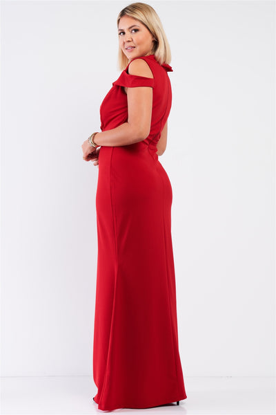 Plus Red Sleeveless Collared Plunging V-neck Maxi Dress - Deals Kiosk