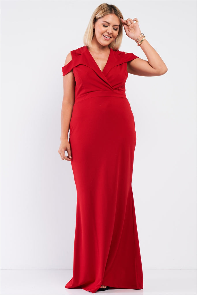 Plus Red Sleeveless Collared Plunging V-neck Maxi Dress - Deals Kiosk