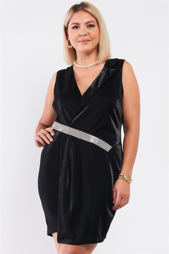 Sleeveless V-neck Asymmetrical Wrap Rhinestones Detail Fitted Mini Blazer Dress - Deals Kiosk