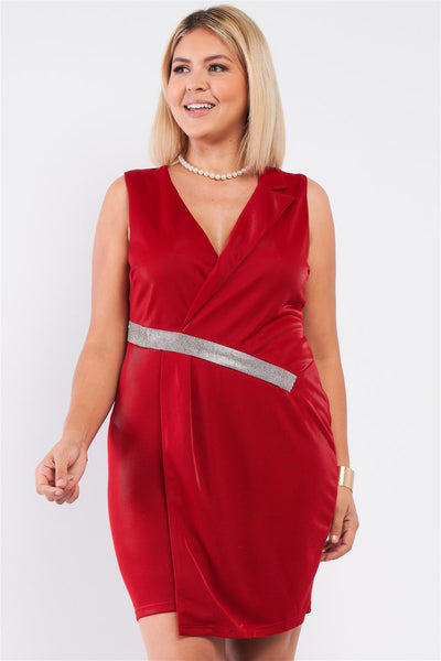 Sleeveless V-neck Asymmetrical Wrap Rhinestones Detail Fitted Mini Blazer Dress - Deals Kiosk