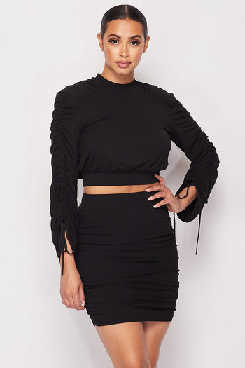 Ruched Long Sleeve And Skirt Set - Deals Kiosk