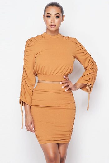 Ruched Long Sleeve And Skirt Set - Deals Kiosk