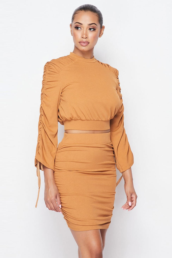 Ruched Long Sleeve And Skirt Set - Deals Kiosk