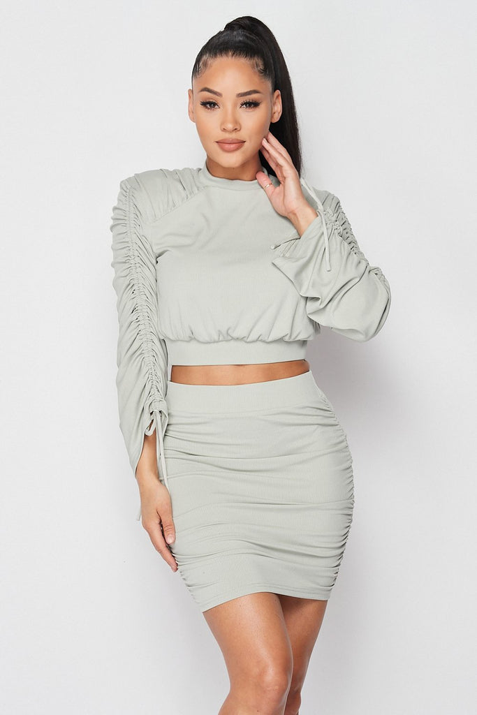 Ruched Long Sleeve And Skirt Set - Deals Kiosk