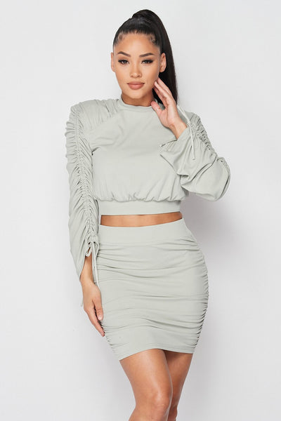 Ruched Long Sleeve And Skirt Set - Deals Kiosk