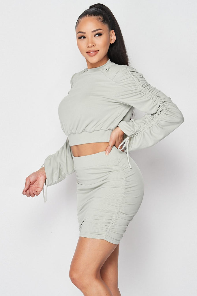 Ruched Long Sleeve And Skirt Set - Deals Kiosk