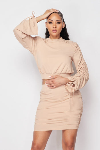 Ruched Long Sleeve And Skirt Set - Deals Kiosk