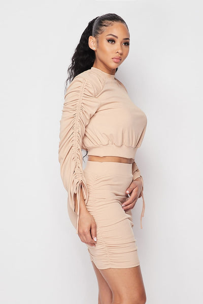 Ruched Long Sleeve And Skirt Set - Deals Kiosk
