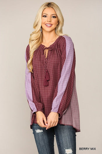 Textured Color Mixed Tassel Tie Peasant Top With Reverse Stitch Detail - Deals Kiosk
