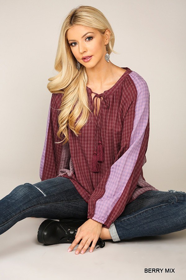 Textured Color Mixed Tassel Tie Peasant Top With Reverse Stitch Detail - Deals Kiosk