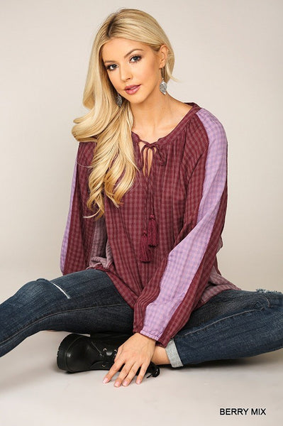 Textured Color Mixed Tassel Tie Peasant Top With Reverse Stitch Detail - Deals Kiosk