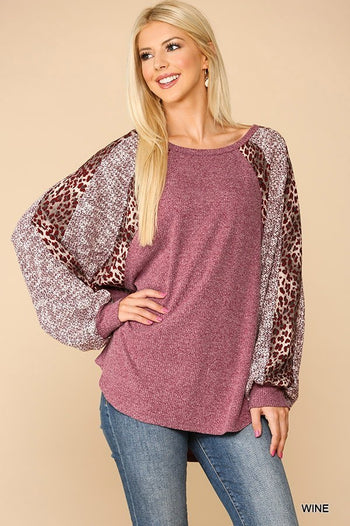 Textured Knit And Animal Print Mixed Dolman Sleeve Top - Deals Kiosk