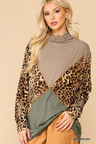 Solid And Animal Print Mixed Knit Turtleneck Top With Long Sleeves - Deals Kiosk