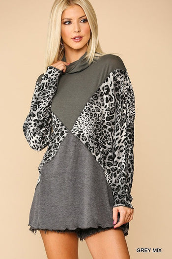 Solid And Animal Print Mixed Knit Turtleneck Top With Long Sleeves - Deals Kiosk