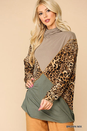 Solid And Animal Print Mixed Knit Turtleneck Top With Long Sleeves - Deals Kiosk