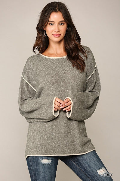 Two-tone Sold Round Neck Sweater Top With Piping Detail - Deals Kiosk