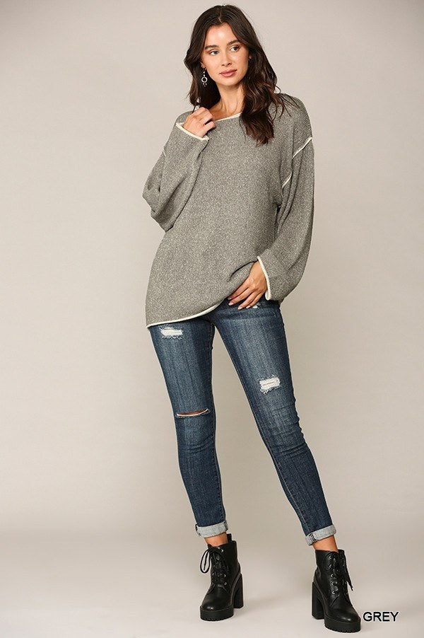 Two-tone Sold Round Neck Sweater Top With Piping Detail - Deals Kiosk