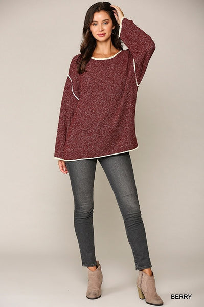 Two-tone Sold Round Neck Sweater Top With Piping Detail - Deals Kiosk