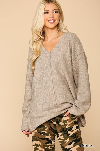 V-neck Solid Soft Sweater Top With Cut Edge - Deals Kiosk