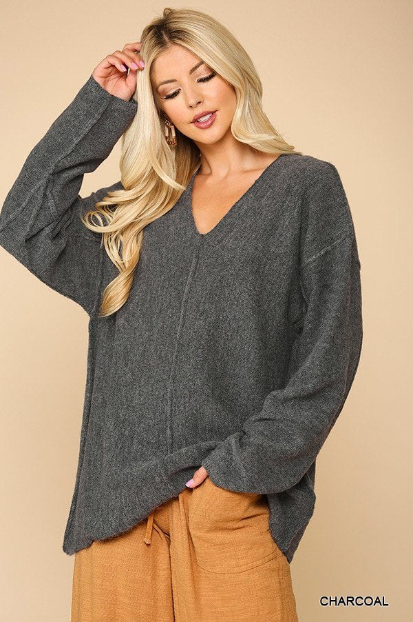 V-neck Solid Soft Sweater Top With Cut Edge - Deals Kiosk