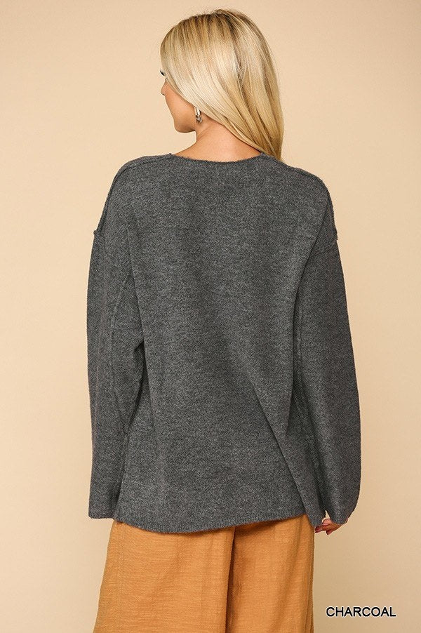 V-neck Solid Soft Sweater Top With Cut Edge - Deals Kiosk