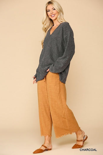 V-neck Solid Soft Sweater Top With Cut Edge - Deals Kiosk