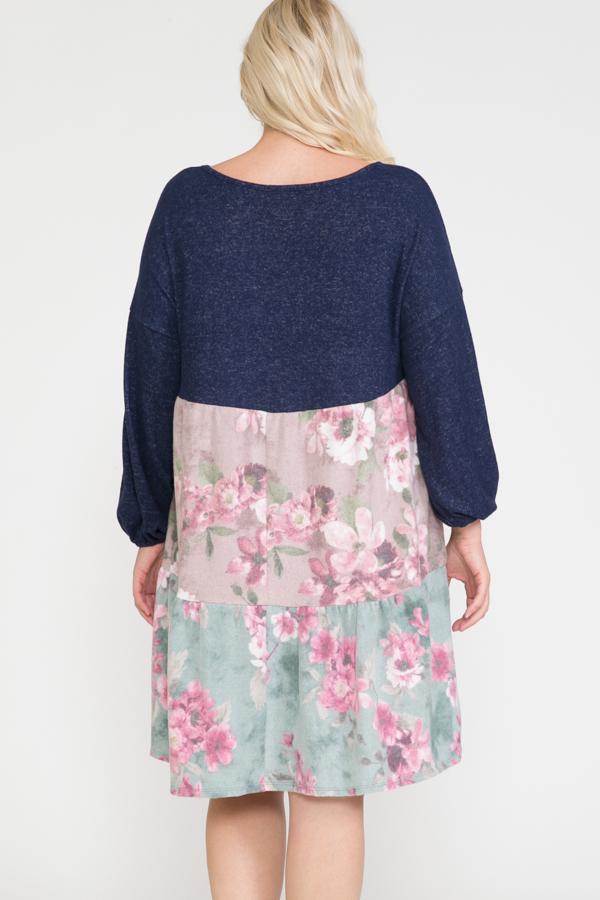 Floral Contrast Shirring Babydoll Dress - Deals Kiosk