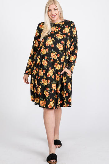 Floral Mock Neck Hidden Pocket Round Hem Midi Dress - Deals Kiosk