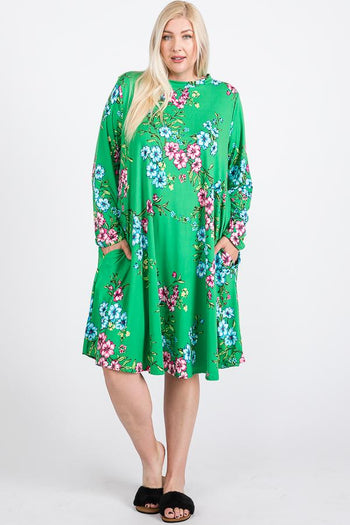 Floral Mock Neck Hidden Pocket Round Hem Midi Dress - Deals Kiosk