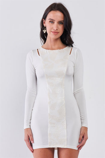 White Sequined Center Front Detail Long Sleeve Mini Dress - Deals Kiosk