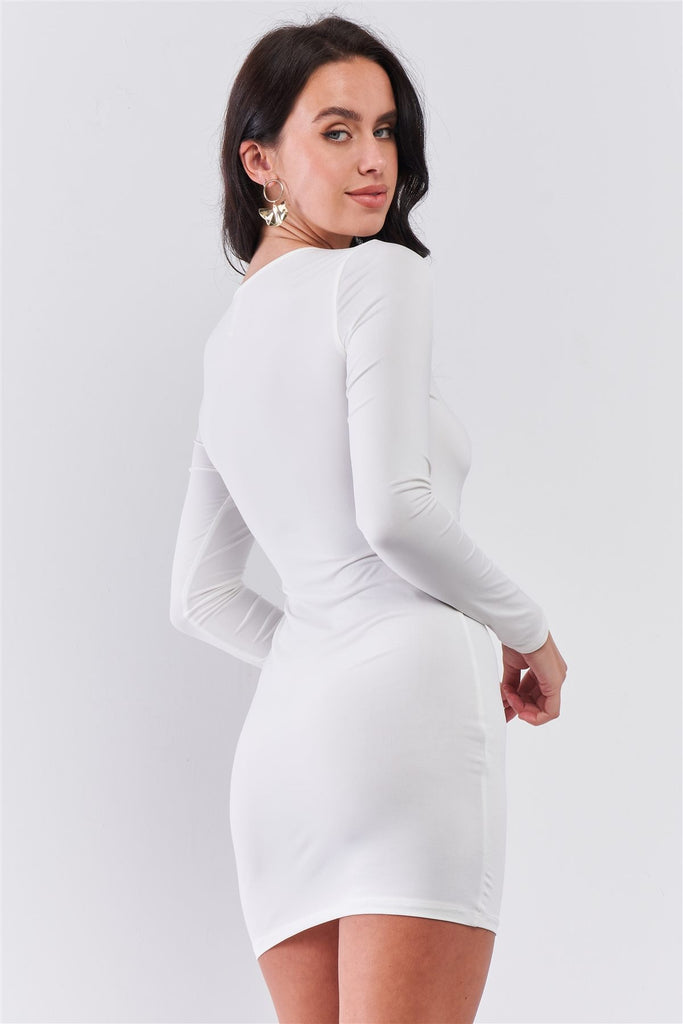 White Sequined Center Front Detail Long Sleeve Mini Dress - Deals Kiosk